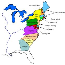 Color coded map of the 13 colonies