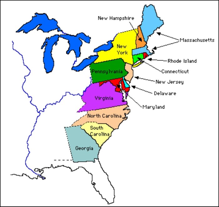 Color coded map of the 13 colonies