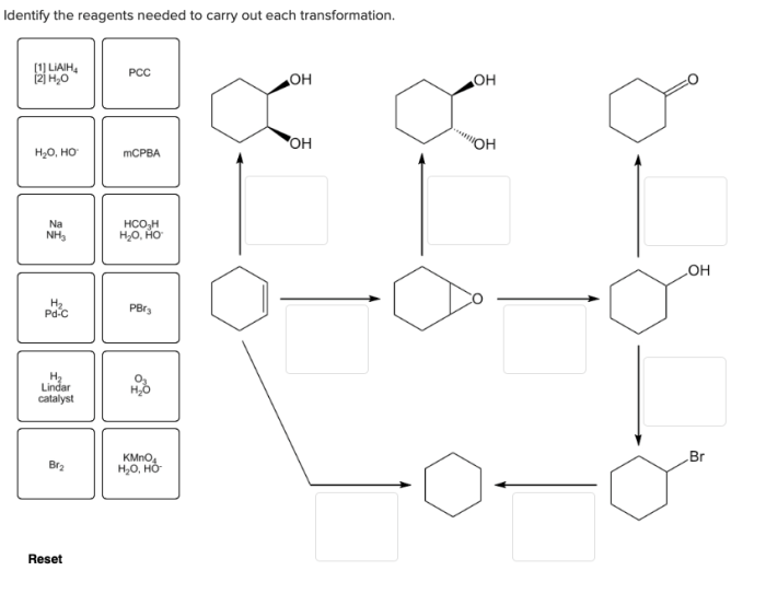 Identify the reagents needed to carry out each transformation.